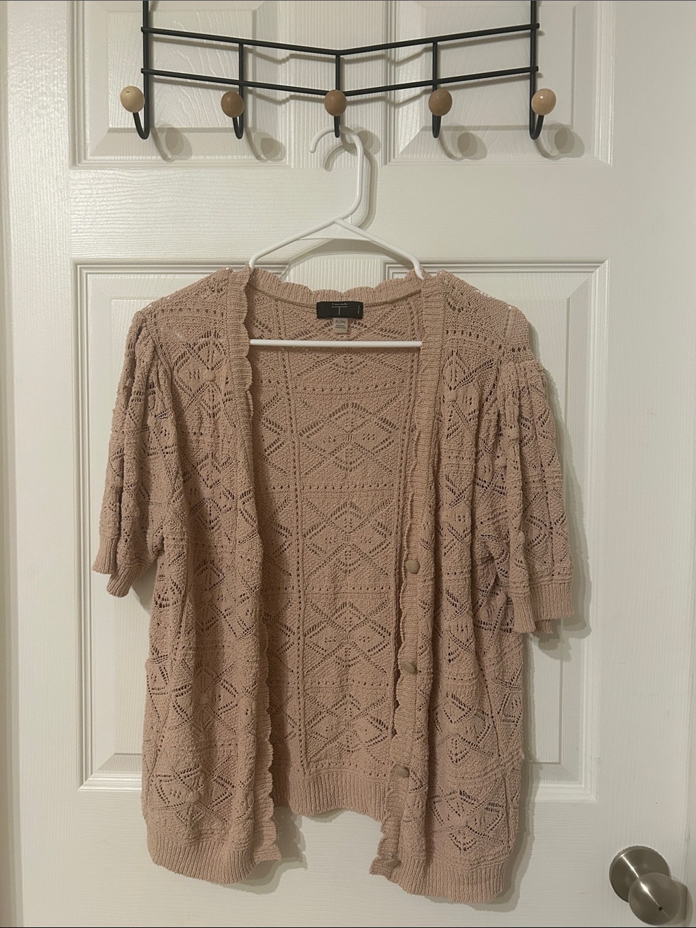Tahari Blush Pink Openwork Knit Short-Sleeve Cardigan
